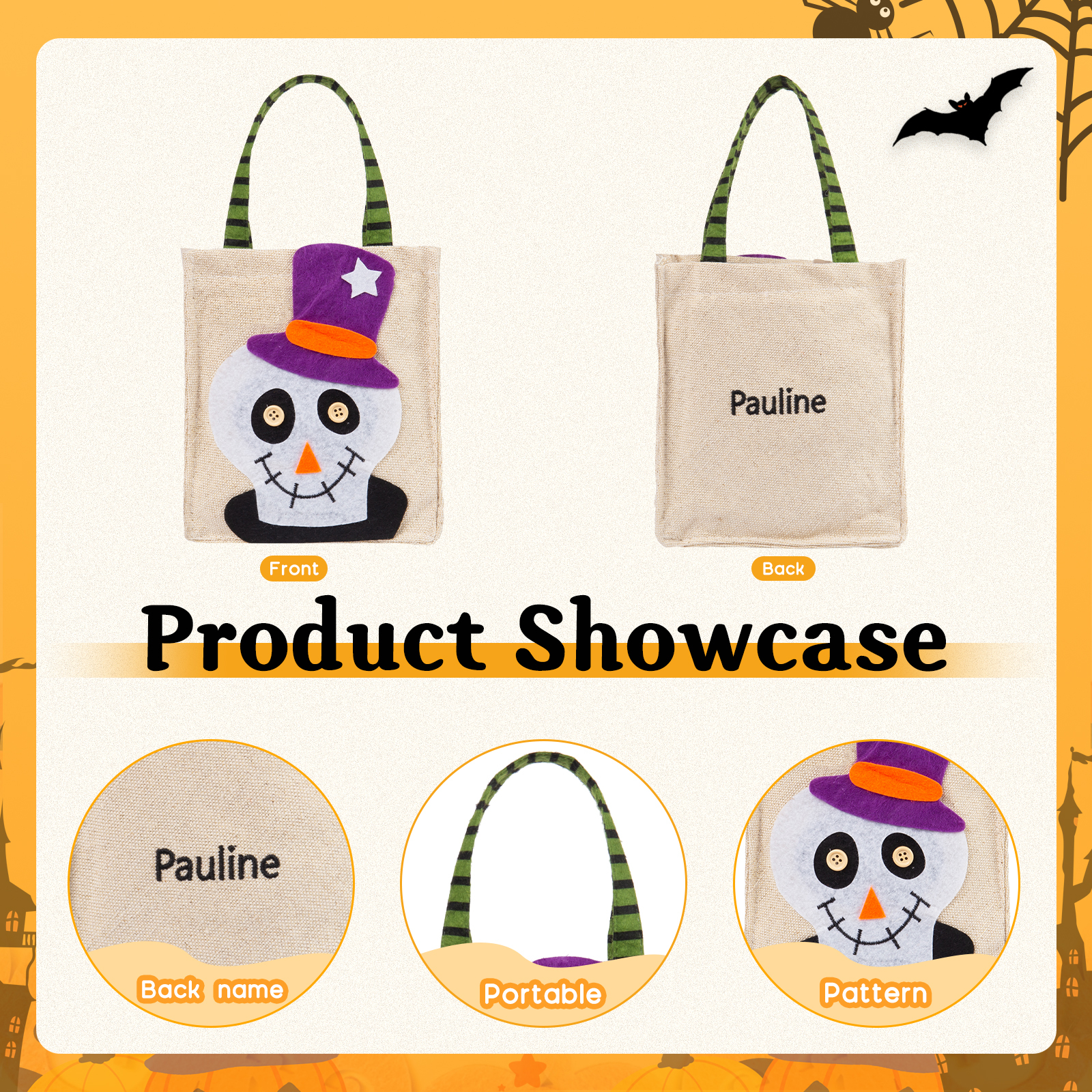 Personalised Halloween Tote Bags Custom 1 Name Halloween Trick or Treat Candy Bags-Jessemade AU