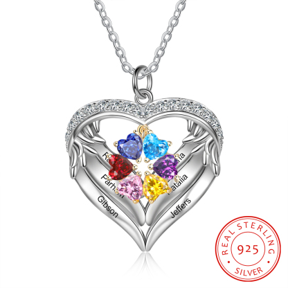 Personalised Wings Necklace With 6 Heart Birthstones Engraved Names Gift For Women-Jessemade AU
