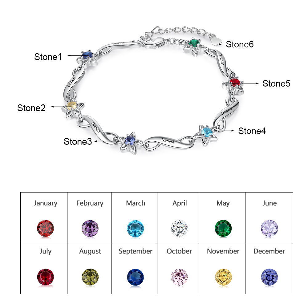 Personalised Star Bracelet With 6 Birthstones Engraved Names Bracelet Gift For Women-Jessemade AU