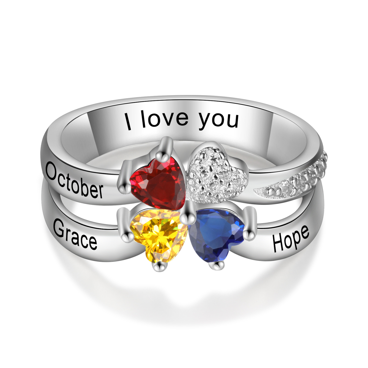 Personalised Ring With 3 Birthstones Engraved Names Ring Best Gift For Women-Jessemade AU