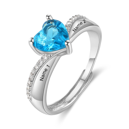 Personalised Heart Birthstone Ring Customised 2 Names Open Ring Gift for Women Girls-Jessemade AU