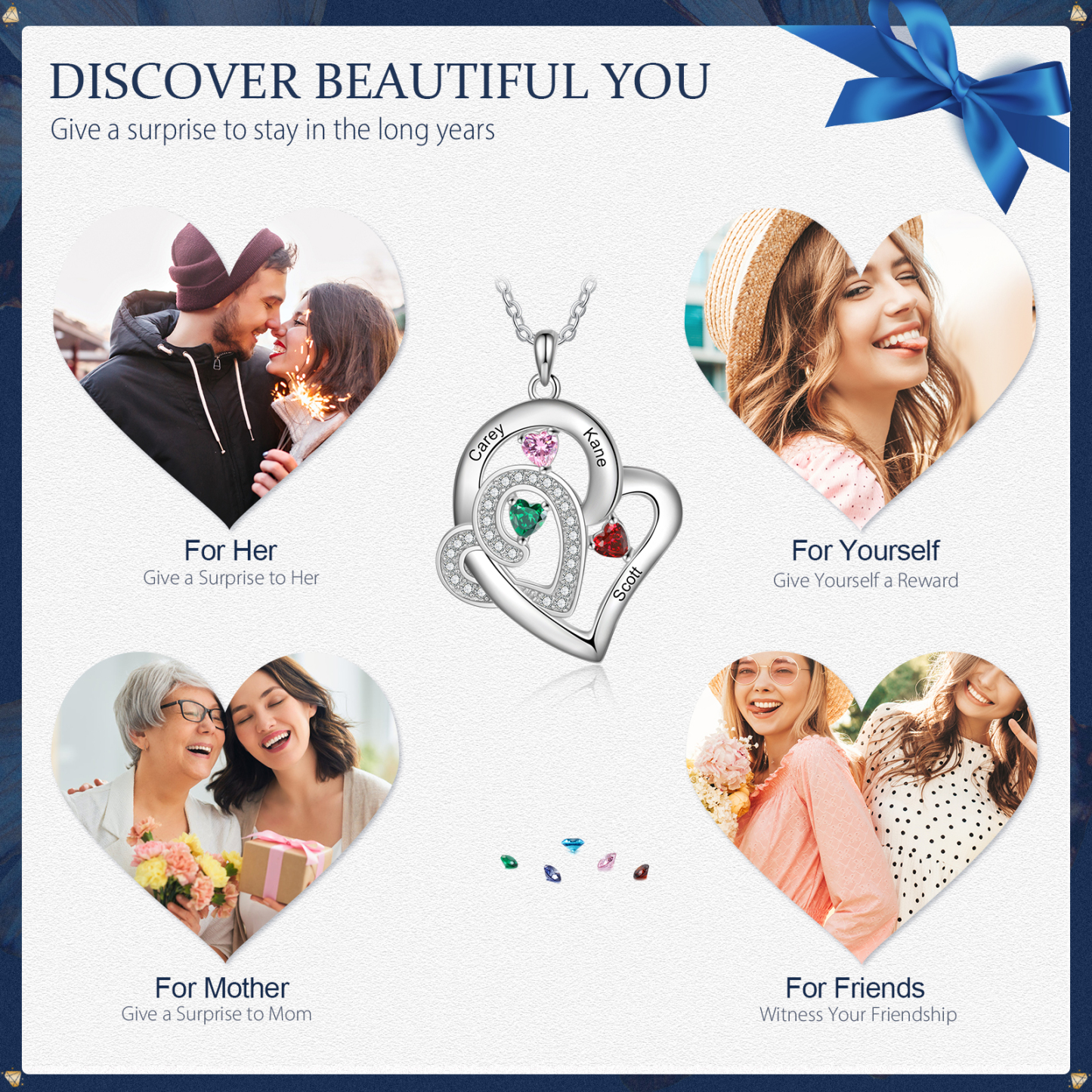 Personalised Double Heart Necklace With 3 Birthstones Custom Names Necklace Gift For Her-Jessemade AU