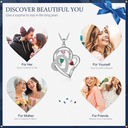 Personalised Double Heart Necklace With 3 Birthstones Custom Names Necklace Gift For Her-Jessemade AU