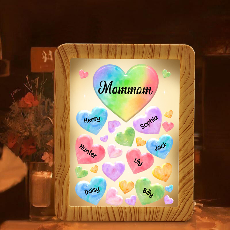 Personalised Night Light Mirror Frame Custom 1 Text & 7 Names Colourful Hearts Family LED Lamp Gift for Grandma/Mother-Jessemade AU