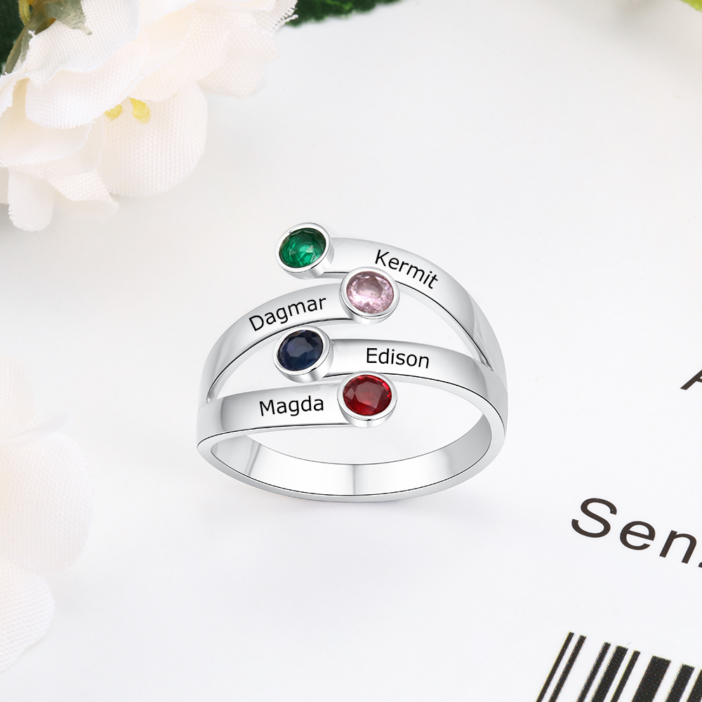 Personalised Ring With 4 Birthstones Engraved Names Ring Gift For Women-Jessemade AU