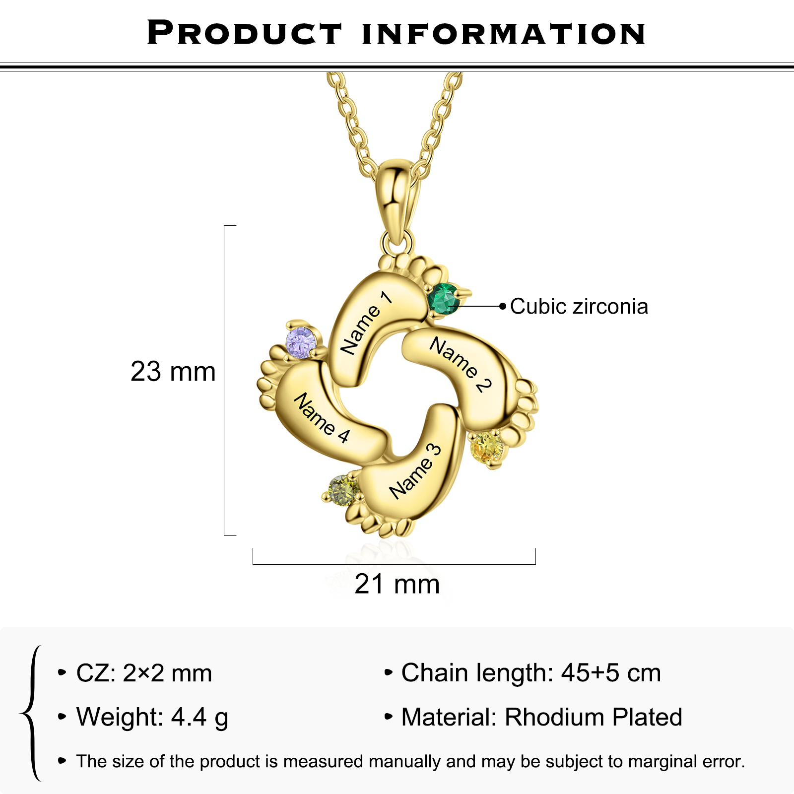 Personalised Baby Feet Necklace With 4 Birthstones Engraved Names Gift For Mother-Jessemade AU