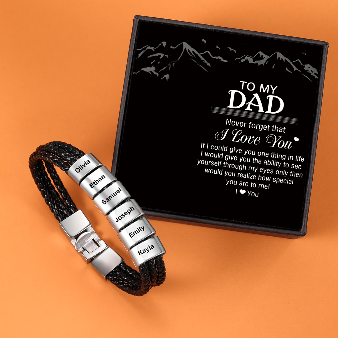 Personalised Braided Leather Bracelet Engraved 6 Names Men's Bracelet Gifts For Him-Jessemade AU