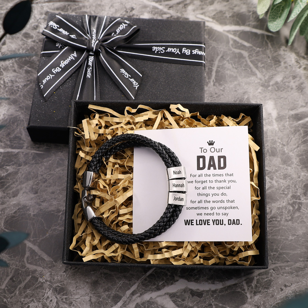 Men Leather Bracelet Personalised with 3 Engraved Beads Custom Two Layers Bracelet for Dad-Jessemade AU