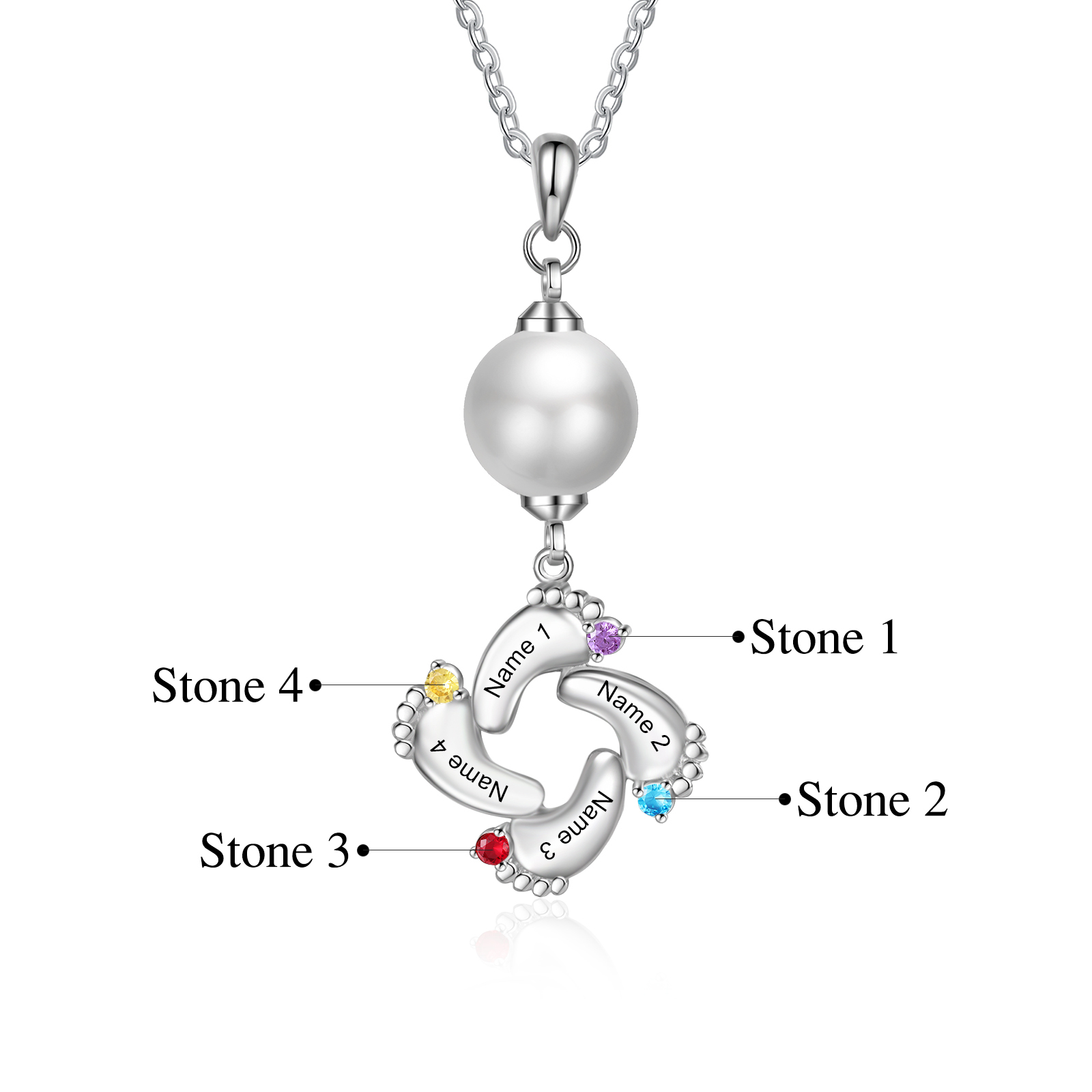 Personalised Baby Feet Pearl Necklace Custom 4 Names & Birthstones Mother Necklace-Jessemade AU