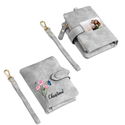 Personalised Women's Leather Wallet Custom Birthday Flower & Name & Photo Wallet Gift for Her