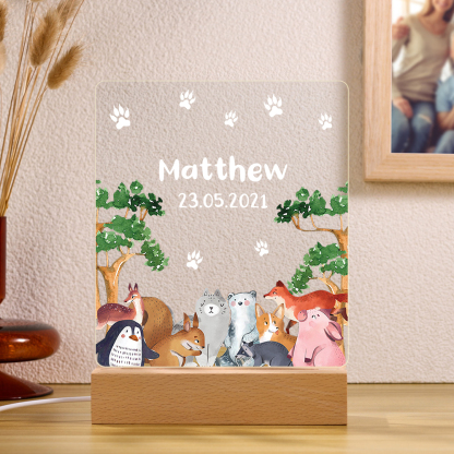 Personalised Name Night Light Animal Zoo Wood LED Night Light Custom Date Nursery Birthday Gifts For Kids-Jessemade AU
