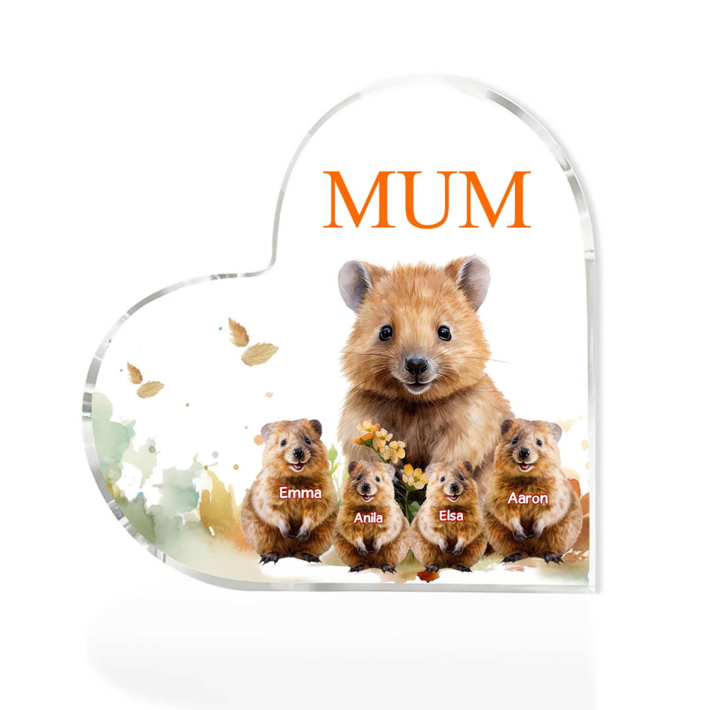 Personalised Acrylic Heart Keepsake Custom 1 Text & 4 Names Ornament Quokka Family Gift for Mother/Grandma-Jessemade AU