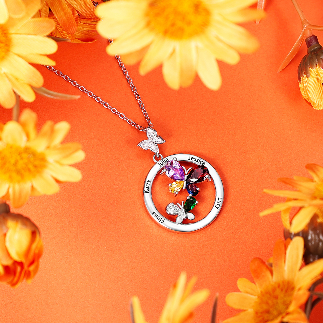 Personalised Butterfly Necklace With 4 Birthstones Custom Names Best Gift For Her-Jessemade AU