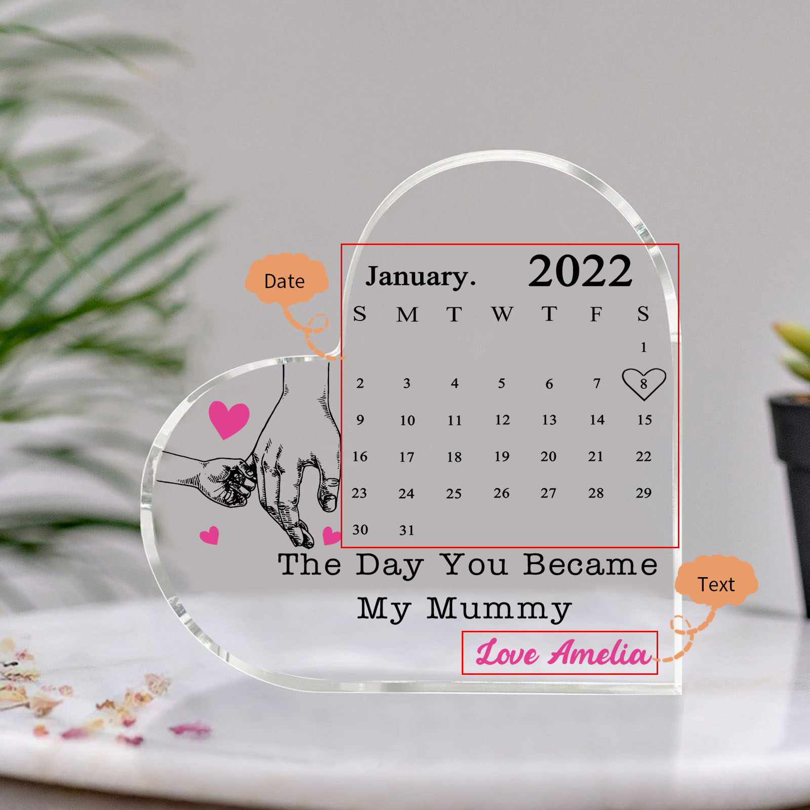 Personalised Acrylic Heart Keepsake Custom Date & Text Calendar Ornaments Hand In Hand - The Day You Became My Mommy/Mummy-Jessemade AU