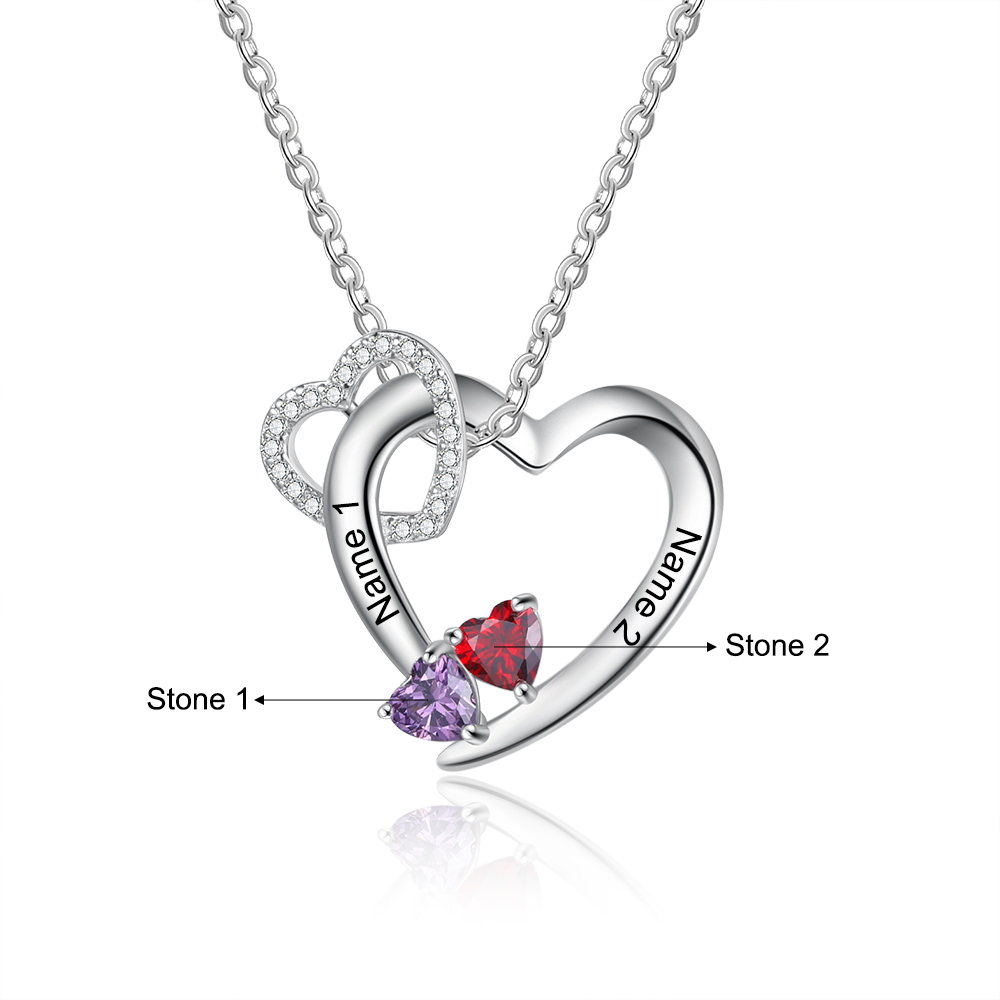 Personalised Heart Necklace With 2 Birthstones Engraved Names Gift For Women-Jessemade AU