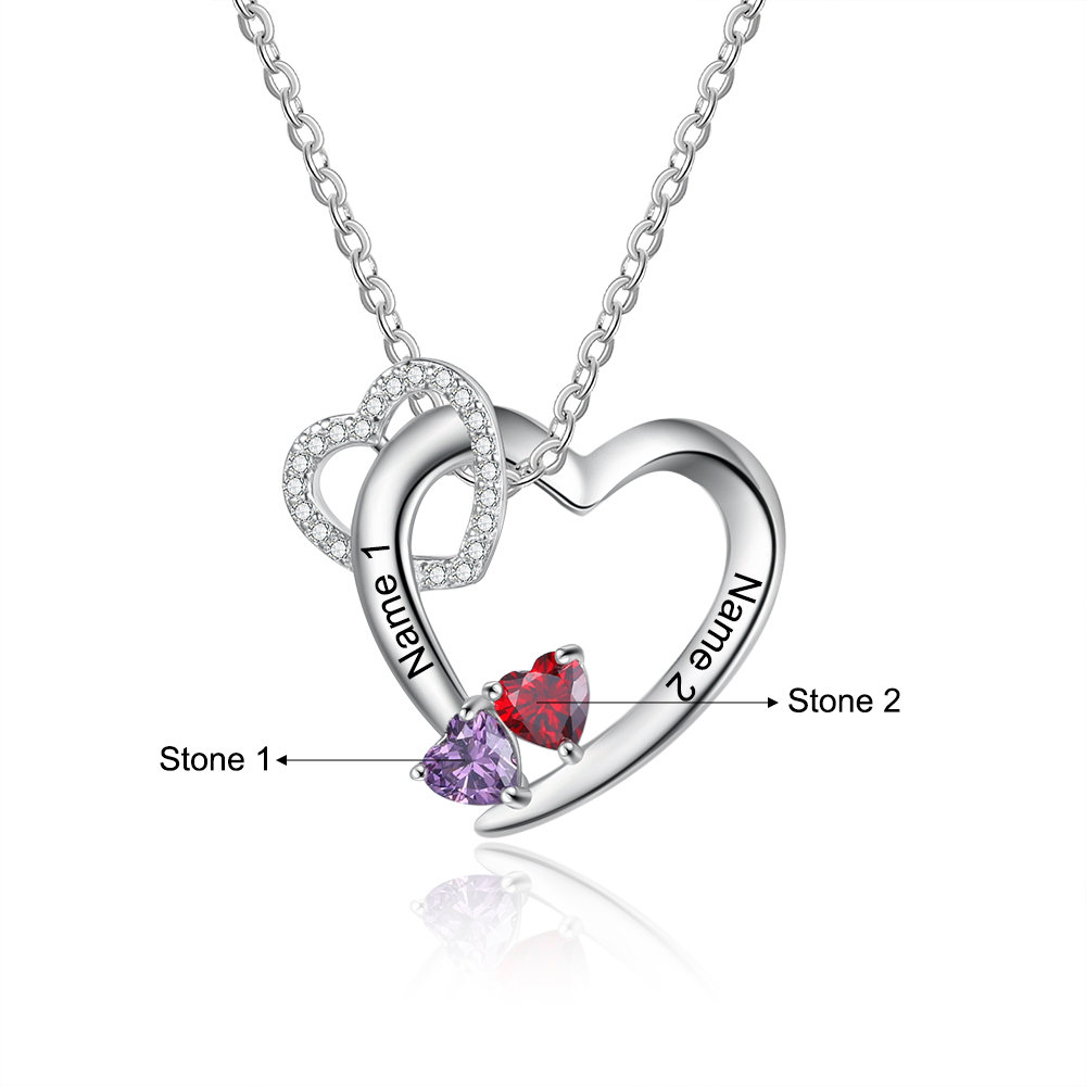 Personalised Heart Necklace With 2 Birthstones Engraved Names Gift For Women-Jessemade AU