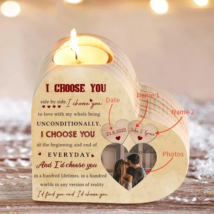 Personalised Couple Heart Candle Holder I Choose You Wooden Candlesticks Valentines Gift-Jessemade AU