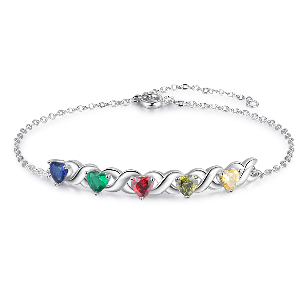 Family Custom Bracelet Heart Personalised with 5 Birthstones Gift Box Set-Jessemade AU