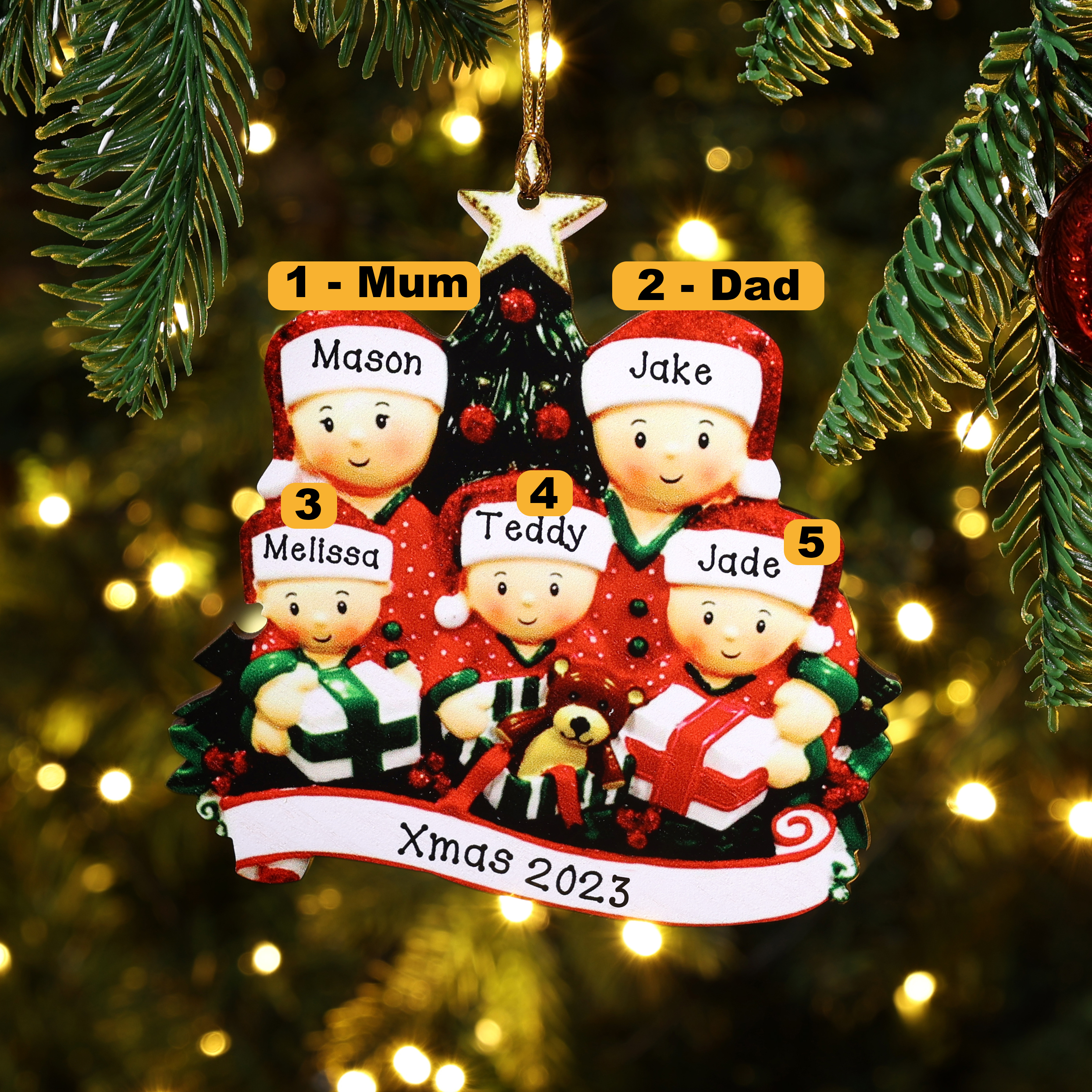 Personalised Christmas Tree Ornament Custom 5 Family Members Names Ornament