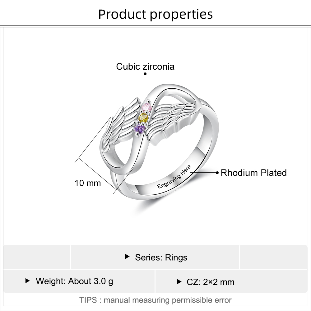 Personalised 3 Birthstones Ring Engraved Names Angel Wings Ring Gifts for Her-Jessemade AU