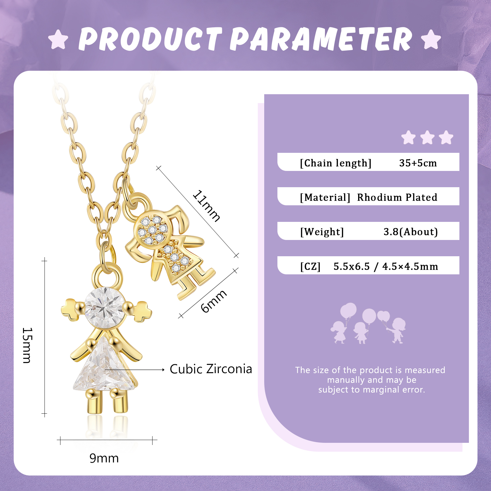 Gold Necklace with Two Adorable Doll Zircon Charms for Kids-Jessemade AU