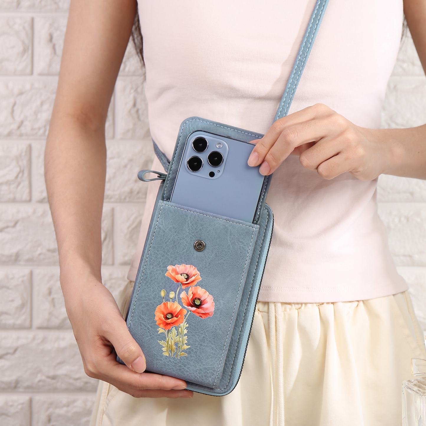 Personalised Women's Leather Wallet Custom Birthday Flower & Name Mobile Phone Wallet Zipper Crossbody Bag