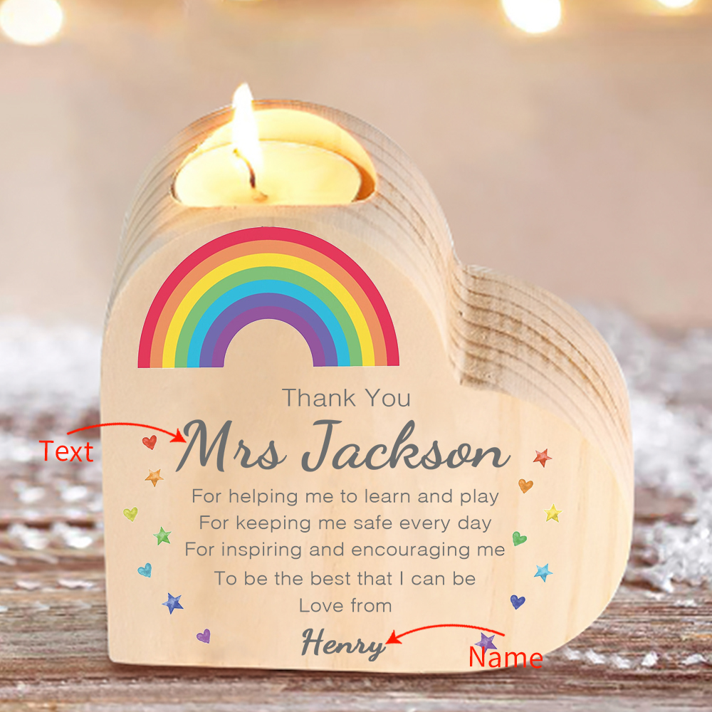 Wooden Candle Holder Custom Text & Name Rainbow Candlestick Teachers' Day Gift For Teacher - Thank You For Helping Me To Learn And Play-Jessemade AU