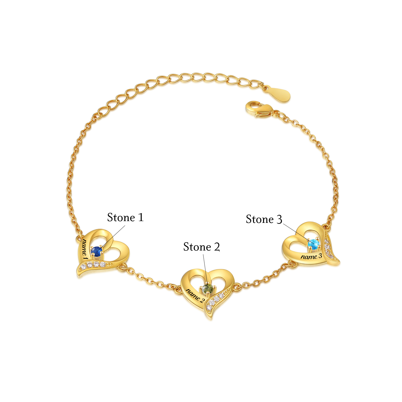 3 Names - Personalised Heart Bracelet Custom Names & Birthstones Bracelets Valentine's Day Gift For Her-Jessemade AU