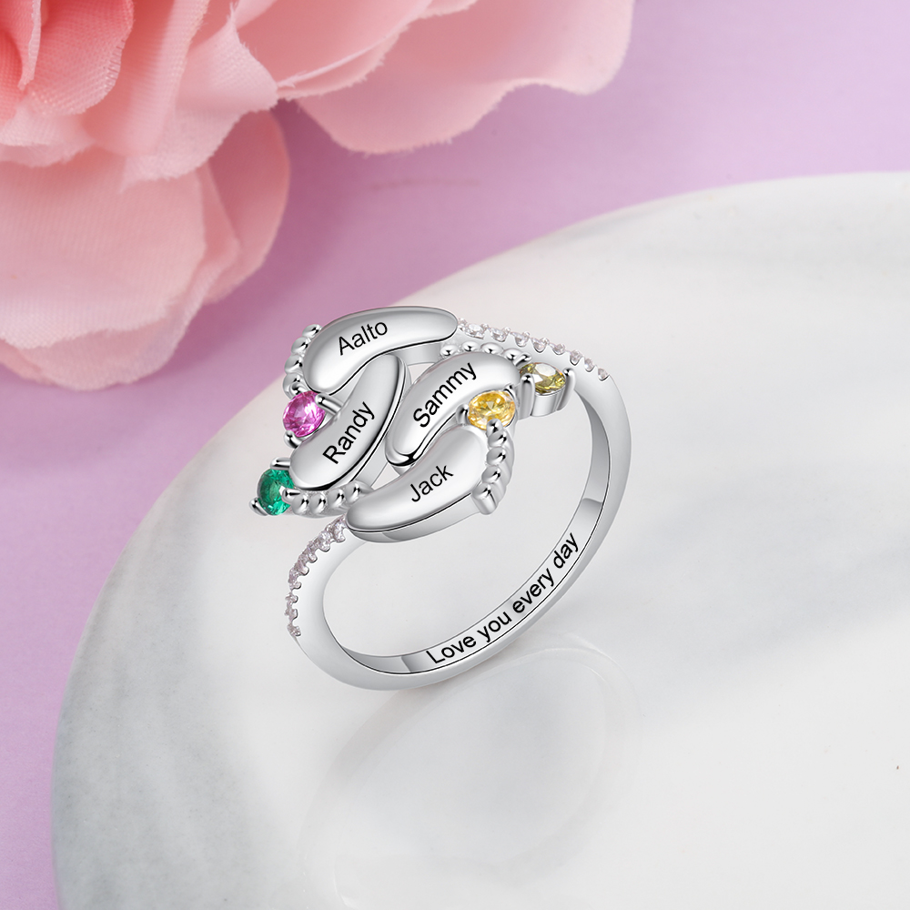 Personalised Baby Foot Ring With 4 Birthstones Engraved Names Ring Gift For Women-Jessemade AU