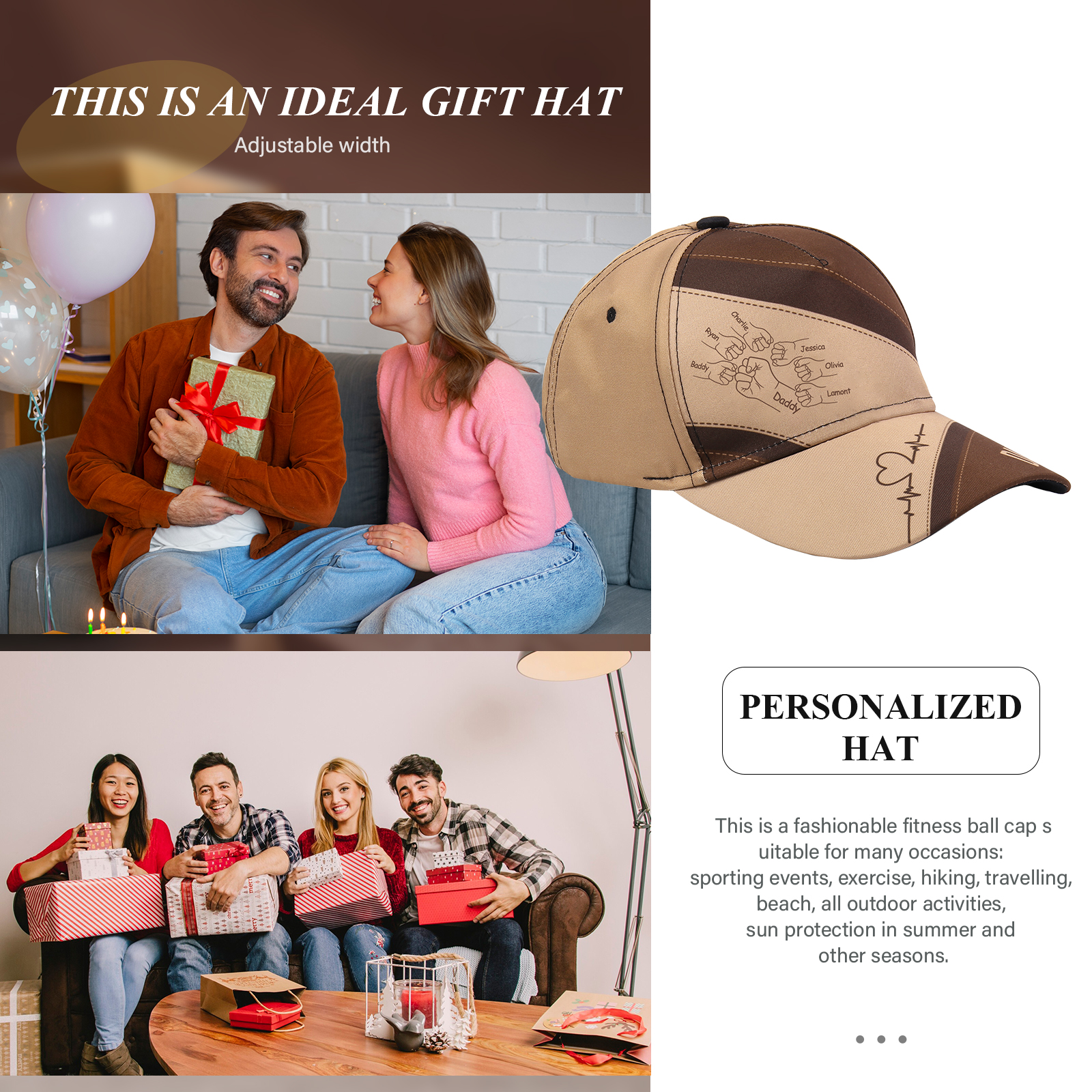 Personalised Fist Bump Classical Baseball Cap Custom 7 Names & 1 Text Snapback Adjustable Gift for Dad/Grandpa/Husband-Jessemade AU