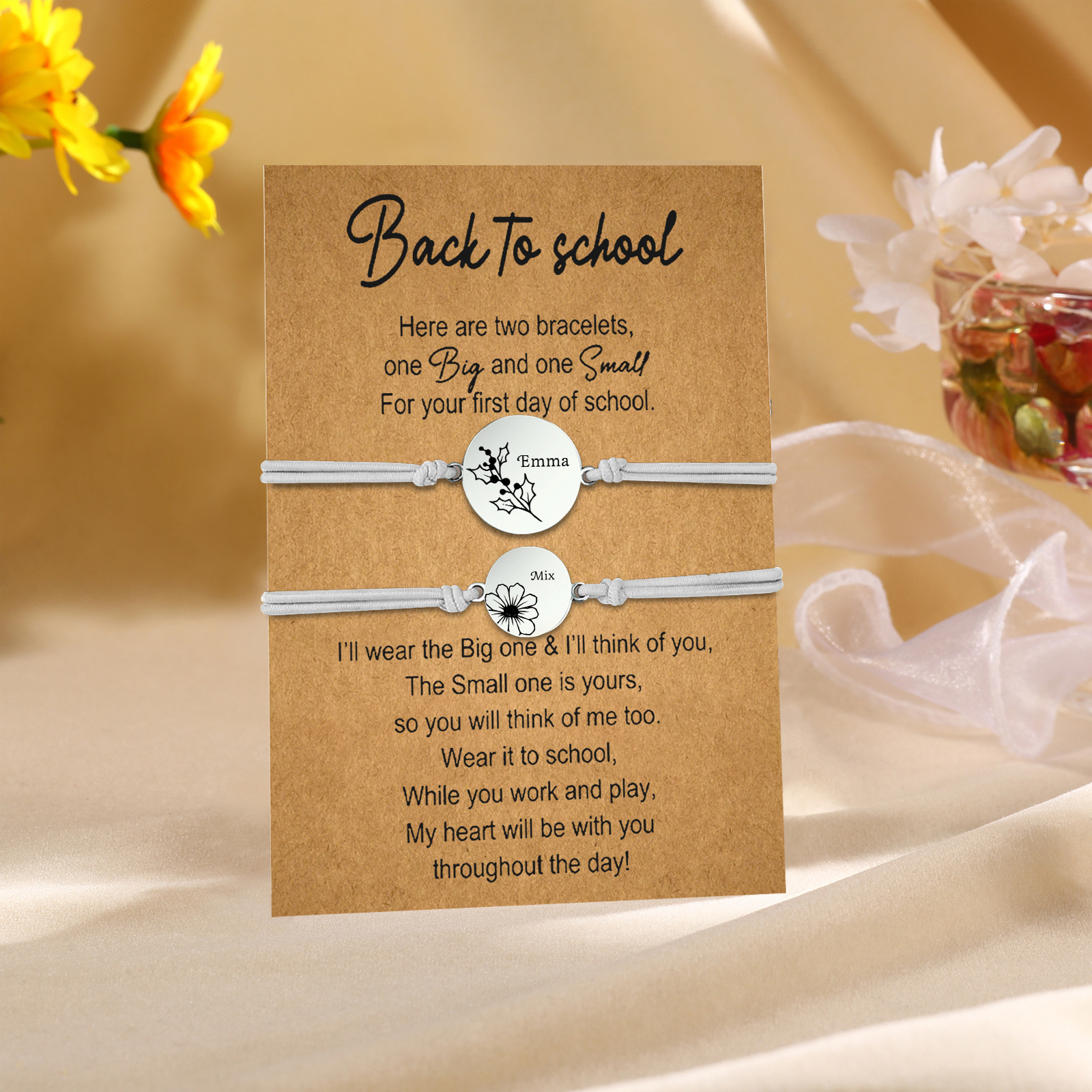 2 Pcs Bracelet Set Personalised Names & Birth Flowers Adjustable Bracelets with Message Card Back to School Gifts for Daughters-Jessemade AU
