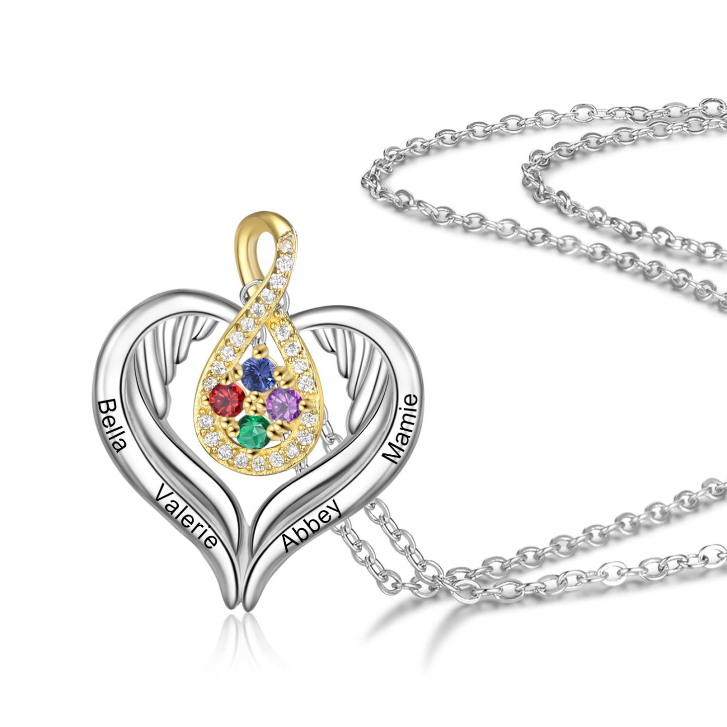 Personalised Drop Heart wings Necklace with 4 Birthstones Engraved Names Best Gift For Women-Jessemade AU