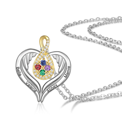 Personalised Drop Heart wings Necklace with 4 Birthstones Engraved Names Best Gift For Women-Jessemade AU