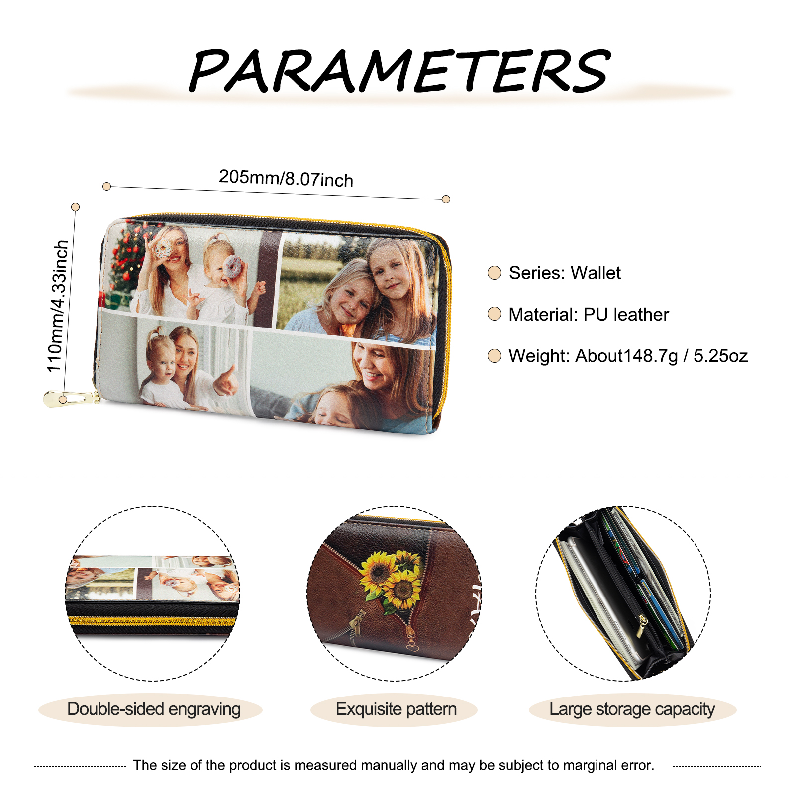 Long Purse Personalised Sunflower Leather Wallet Engraved 1 Photo Zip Wallet Gifts for Her-Jessemade AU