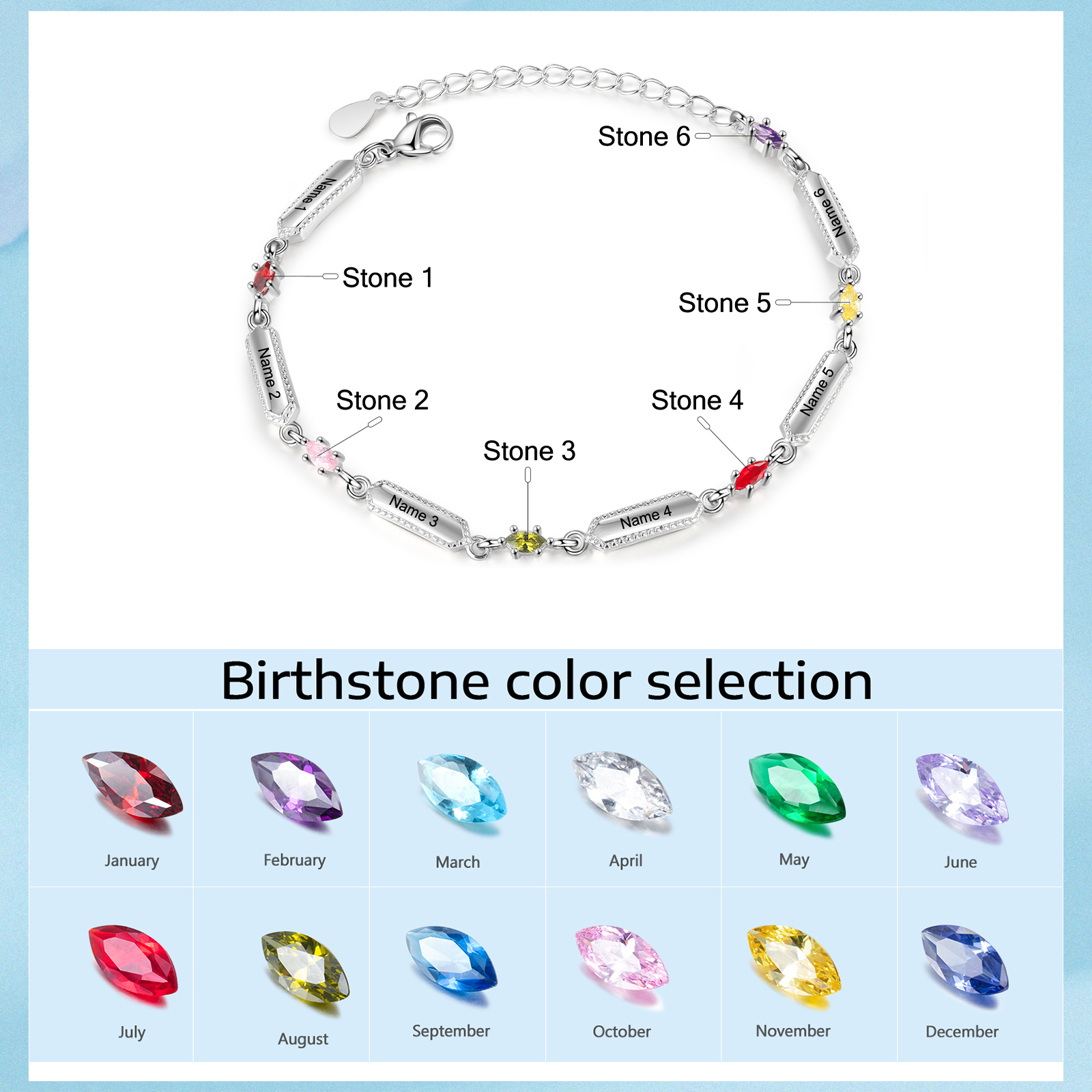 Custom Birthstone Bracelet with 6 Names Personalised Family Bracelet-Jessemade AU