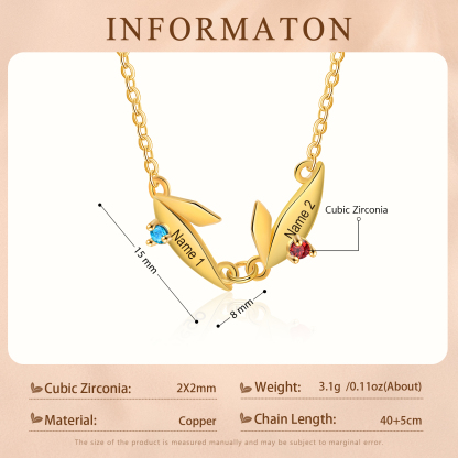 Personalised Leaves Pendant Necklace Custom 2 Names & 2 Birthstones Necklace Gifts for Her-Jessemade AU