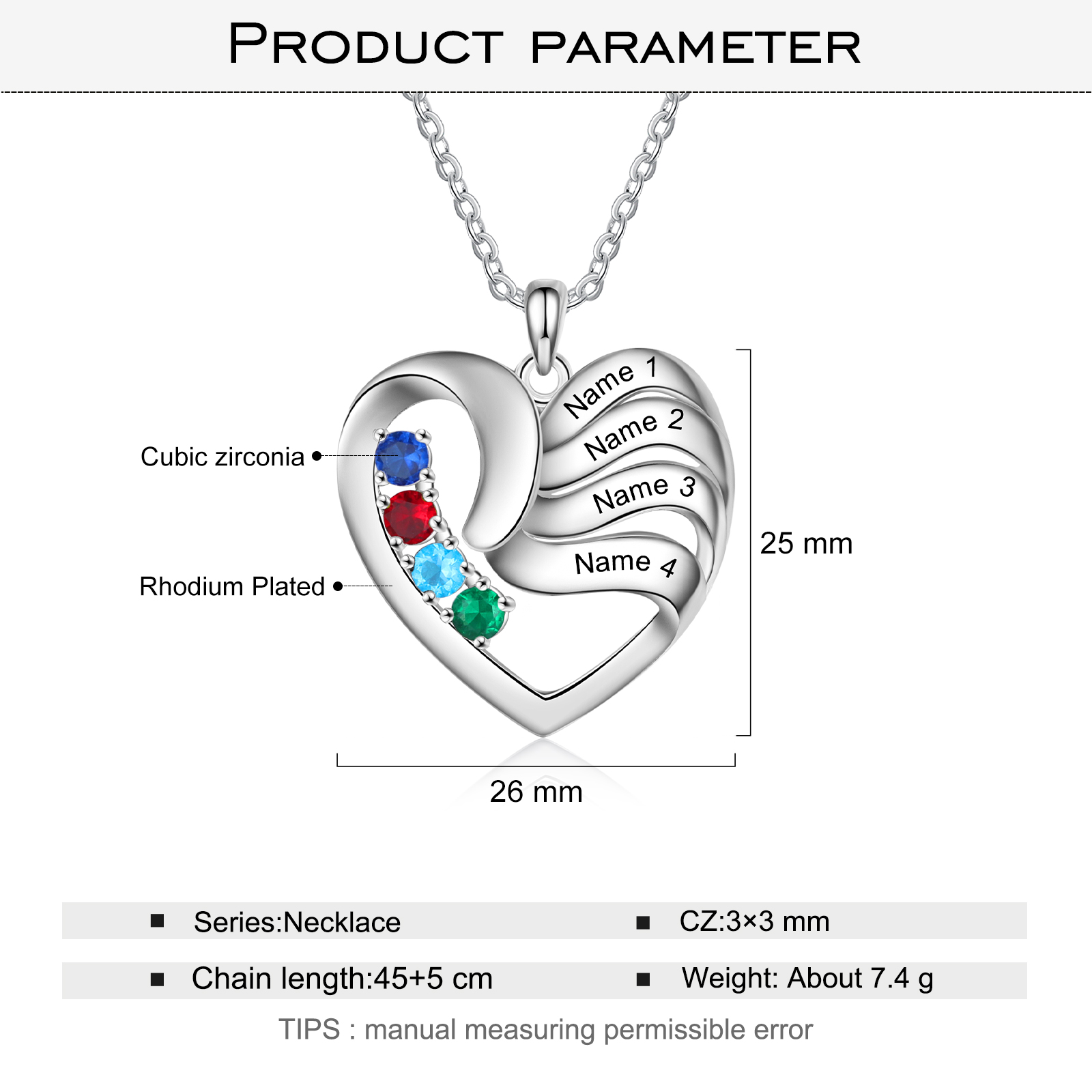 Customised Heart Necklace With 4 Birthstones Engraved Names Family Necklace Gifts for Her-Jessemade AU