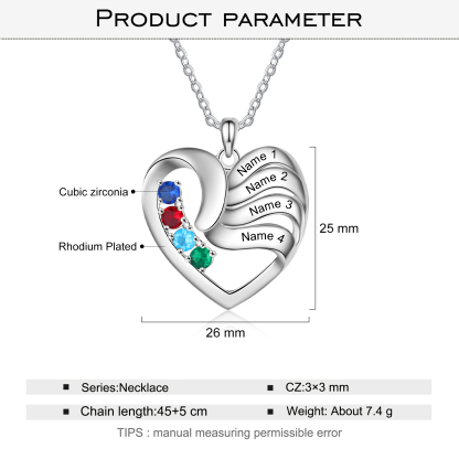 Customised Heart Necklace With 4 Birthstones Engraved Names Family Necklace Gifts for Her-Jessemade AU