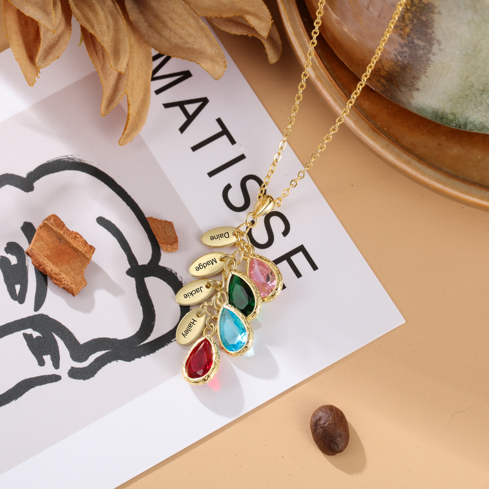 Personalised Leaf Necklace With 4 Heart Birthstones Engraved Names Gift For Her-Jessemade AU