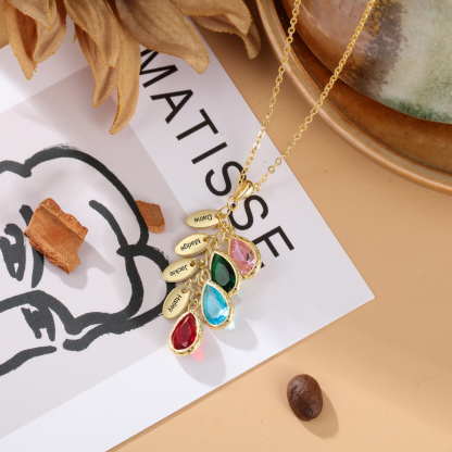 Personalised Leaf Necklace With 4 Heart Birthstones Engraved Names Gift For Her-Jessemade AU