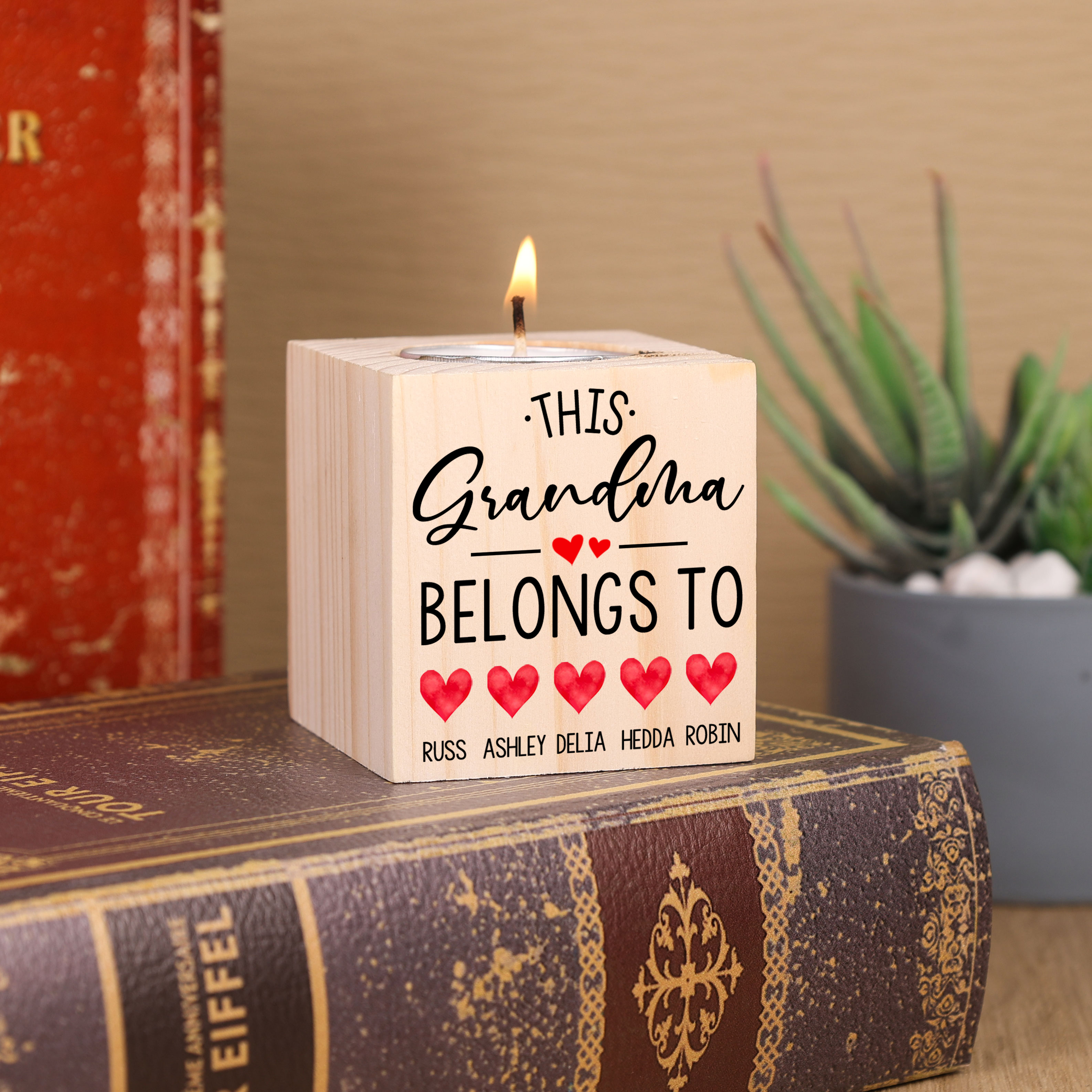 Personalised Wooden Candle Holder Engraved 5 Names Heart Candlestick Grandparents Day Gift for Grandma-Jessemade AU