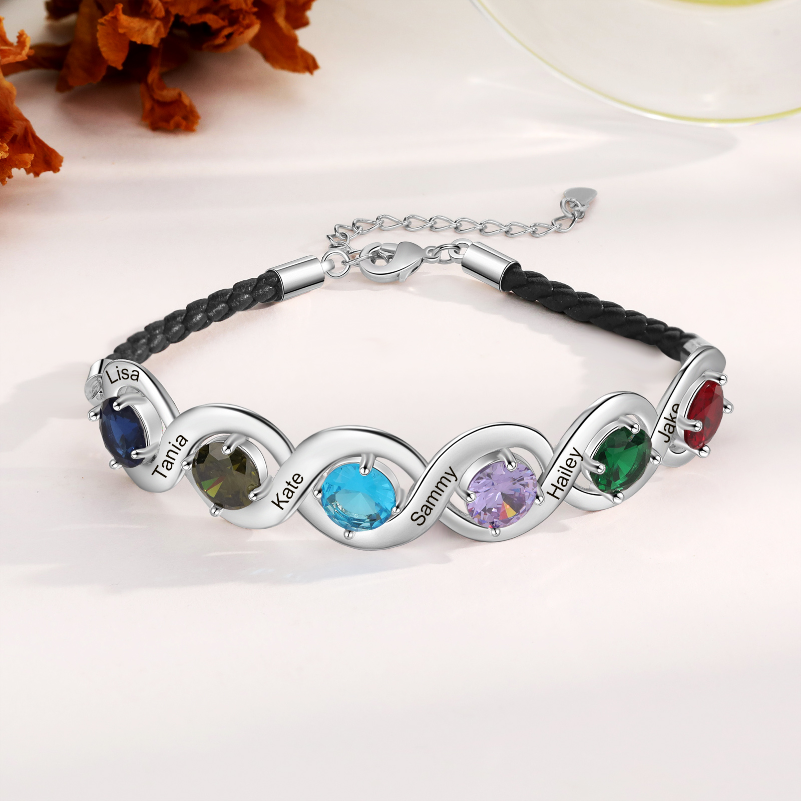 Personalised Infinity Bracelets Custom 6 Birthstones & 6 Names Adjustable Bracelet Gift for Her-Jessemade AU