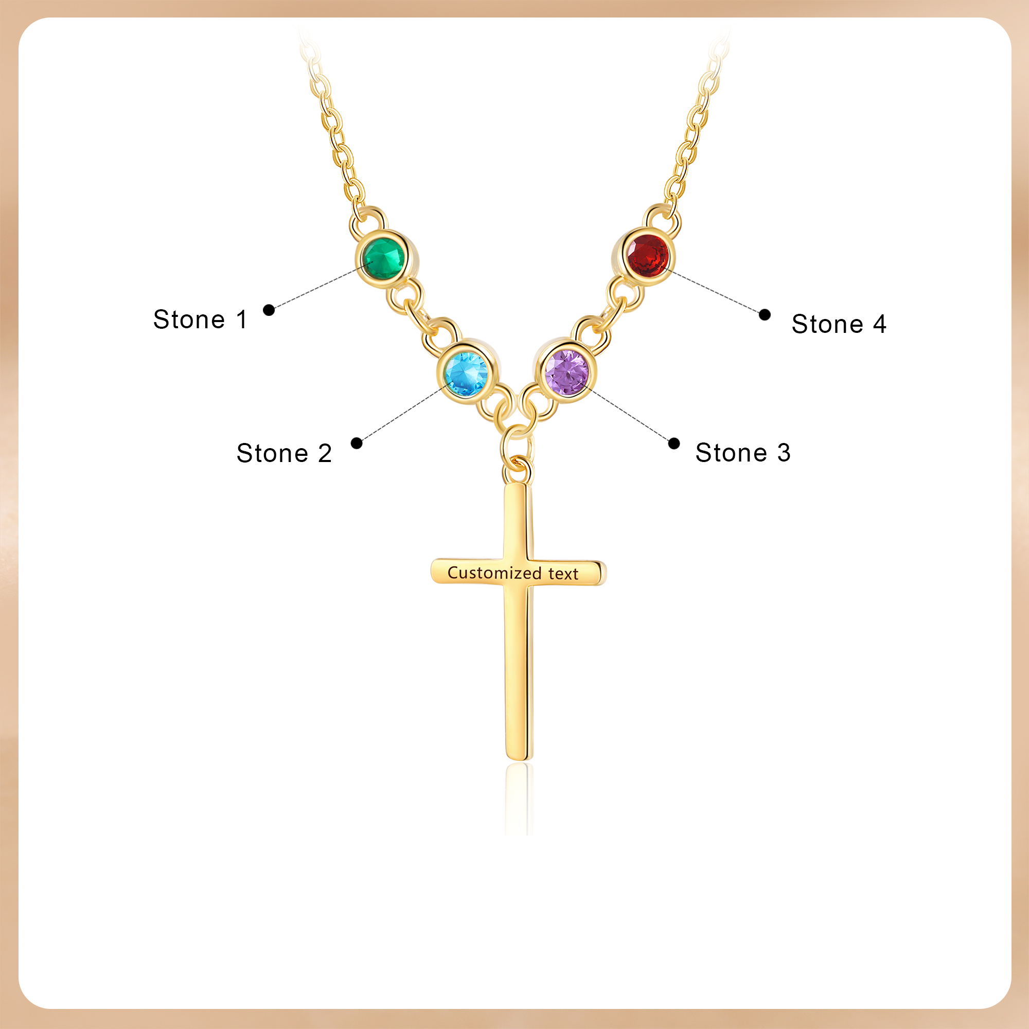 Personalised Cross Pendant Necklace Custom 4 Birthstones & 1 Text Necklace Birthday Gift for Her-Jessemade AU