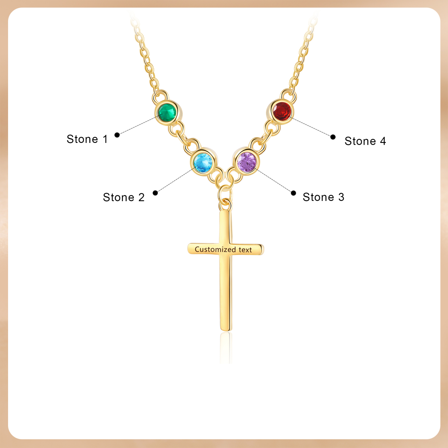 Personalised Cross Pendant Necklace Custom 4 Birthstones & 1 Text Necklace Birthday Gift for Her-Jessemade AU