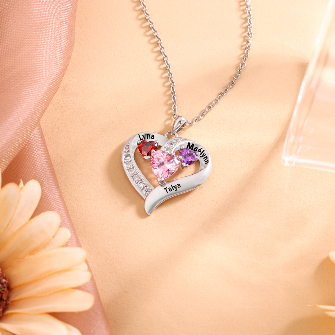 Personalised Heart Necklace With 3 Birthstones Engraved Names Gift For Her-Jessemade AU