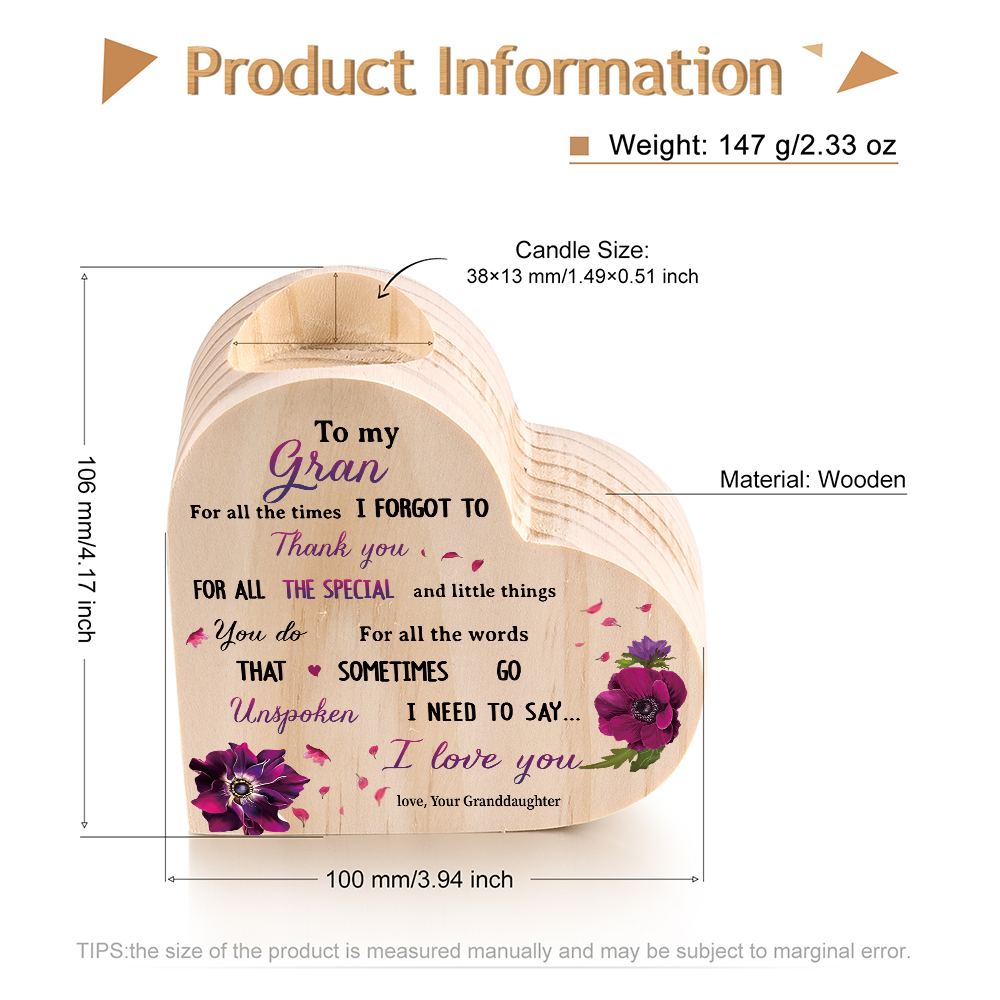 To My Nanny/Nanna/Nan/Gran Heart Candle Holder Wooden Candlestick Gift for Grandma - For All The Times I Forgot To Thank You-Jessemade AU