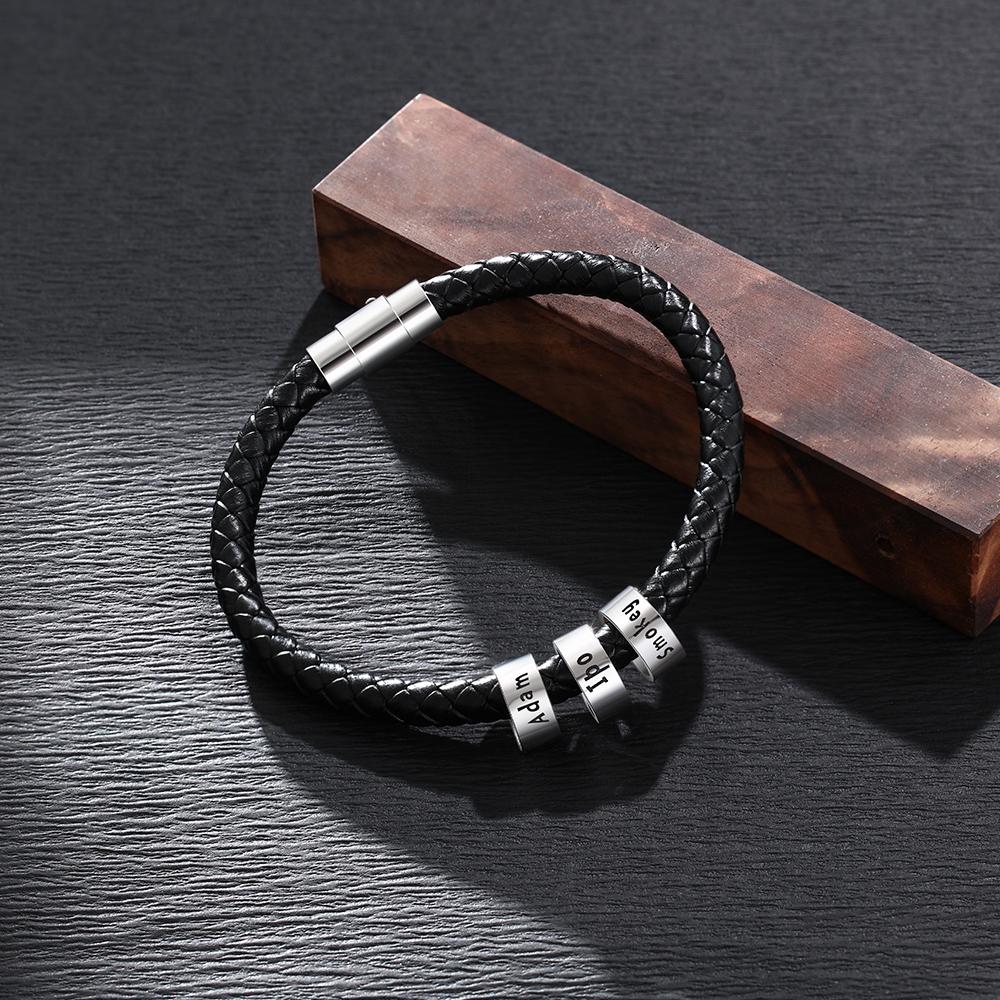 Men Leather Braided Rope Bracelet with 3 Custom Beads Engravable Black Bracelet Gifts for Him-Jessemade AU