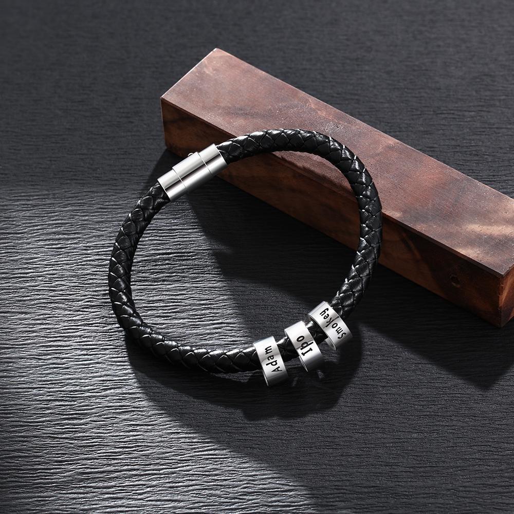 Men Leather Braided Rope Bracelet with 3 Custom Beads Engravable Black Bracelet Gifts for Dad-Jessemade AU