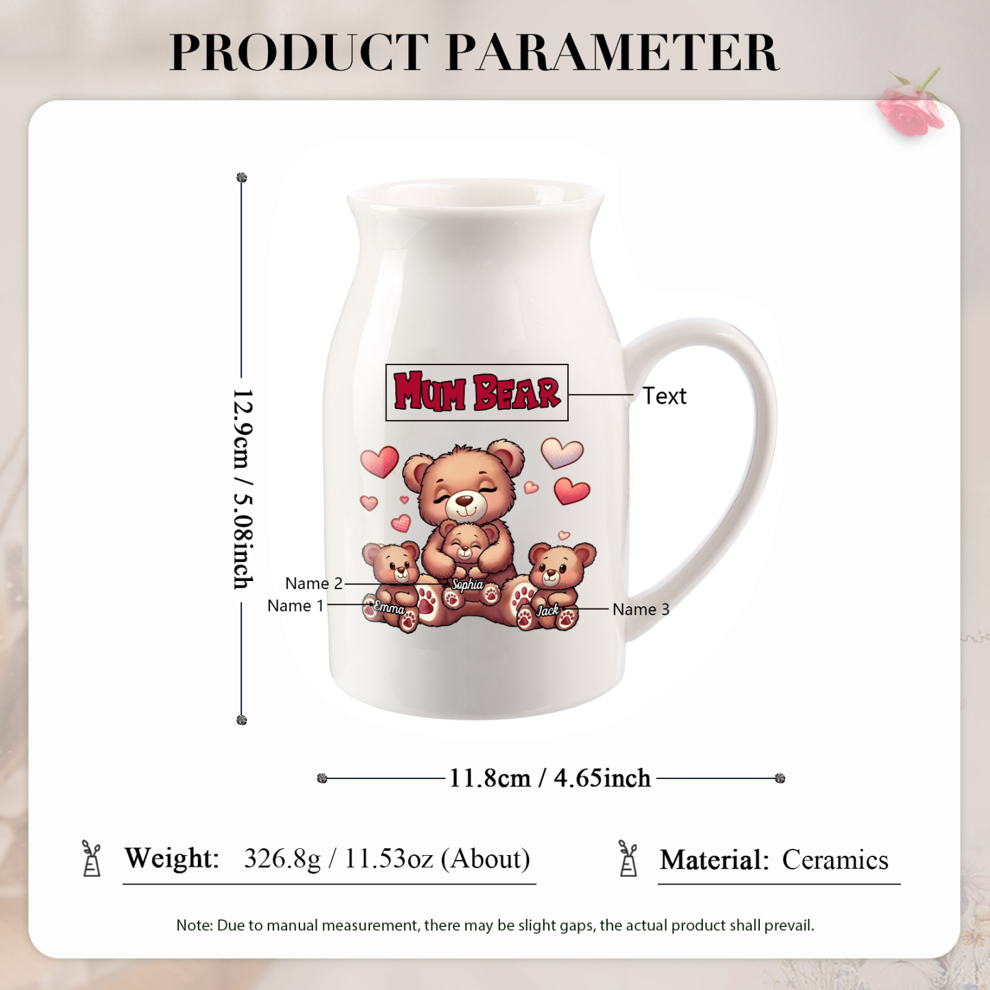 Personalised Ceramic Flower Vase Custom 2–8 Names & 1 Text Bear Family Vase Gift for Mother/Grandma-Jessemade AU