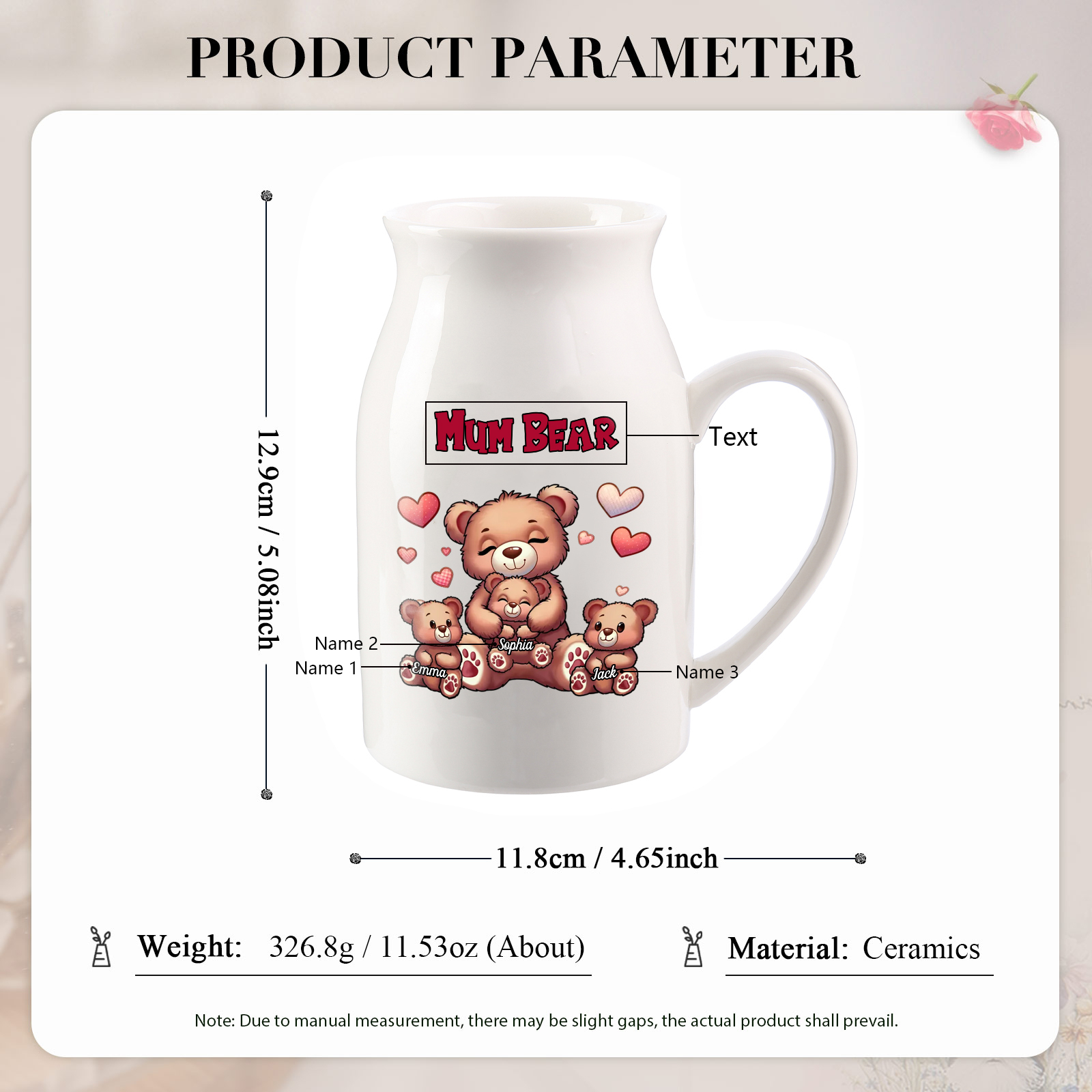 Personalised Ceramic Flower Vase Custom 2–8 Names & 1 Text Bear Family Vase Gift for Mother/Grandma-Jessemade AU
